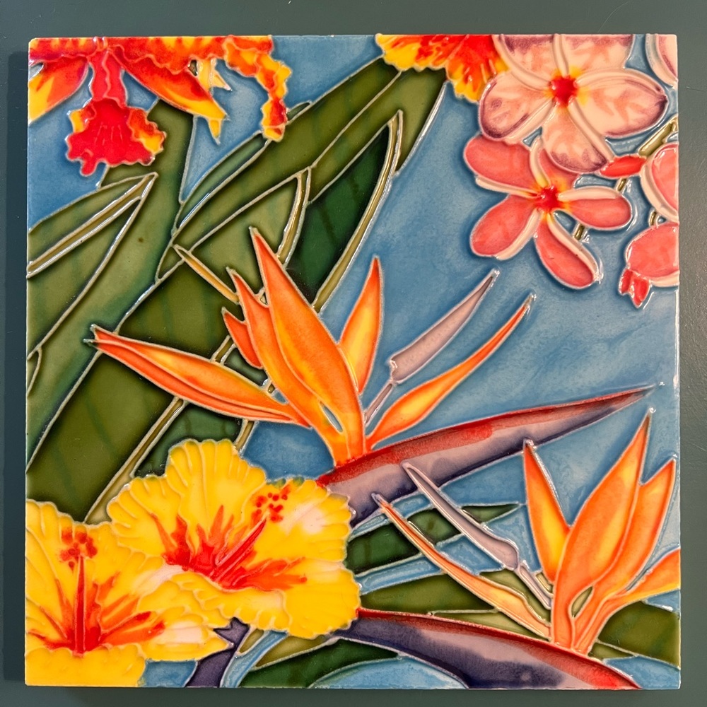 Hand painted Mexican Tropical Flower Tile Art - Glazed 8”x8”